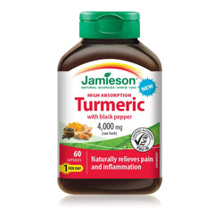 Jamieson Turmeric 4,000 mg, with Black Pepper, Provides Natural Joint Pain Relief, Supports Inflammation, and Helps with Digestion. High Absorption, NON-GMO, Gluten-Free, 60 Vegetarian Capsules, Proudly Canadian