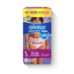 Always Discreet Adult Incontinence Underwear for Women and Postpartum Underwear, Size L, Up to 100% Bladder Leak Protection, 28 Count