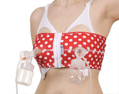 Hands Free Pumping Bra | Snugabell PumpEase adjustable and comfortable pumping bra made with spandex technical fabric, supports two breast pumping bottles & flanges | Red & White Polka Dots Size XL
