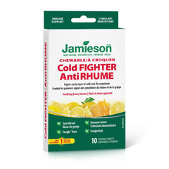 Jamieson Cold Fighter Chewable Honey Lemon Flavour, for Adults and Adolescents (10+), Helps Fight Early Signs of Colds and Improves Cold Symptoms. With Ginger for Nausea Relief, No Artificial Colours, Flavours, or Preservatives, 10 Count