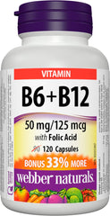 Webber Naturals Vitamin B6 + B12 with Folic Acid, 120 Capsules