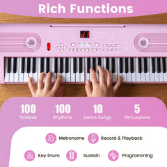 61 Key Electric Portable Digital Keyboard Piano for Beginner-Pink