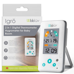bblüv Igrö 2-in-1 - Indoor Digital Thermometer and Hygrometer - Humidity meter for Baby room with Alarm - Portable, User-Friendly - Ideal for Nursery, Home, or Travel