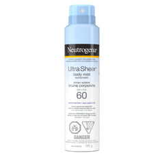 Neutrogena Ultra Sheer Body Mist Sunscreen Spray SPF 60 Broad Spectrum UVA UVB Protection Lightweight Water Resistant up to 80 Minutes Oil PABA Oxybenzone Free, 141 g