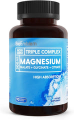 BioEmblem Triple Magnesium Complex | 300mg Magnesium Glycinate, Malate & Citrate | High Absorption Chelated Formula | Vegan, Non-GMO, Gluten-Free | 90 Capsules