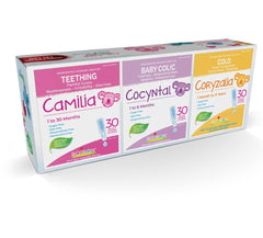 Boiron Baby Box – This gift set contains one box each of Camilia, Cocyntal, and Coryzalia, with 30 doses per product.