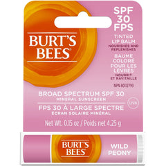Burt's Bees Tinted Lip Balm with SPF 30 for Dry Chapped Lips, 100% Natural Origin Mineral Sunscreen - Pack of 1 - Wild Peony