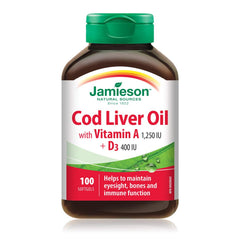 Jamieson Cod Liver Oil with Vitamin A 1,250 IU and Vitamin D3 400 IU, Supports Eyesight, Bone Health, and Immune Health. Gluten-Free, No Artificial Colours, Flavours, or Preservatives, 100 Softgels, Proudly Canadian
