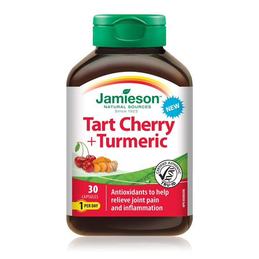 Jamieson Turmeric 100 mg with Tart Cherry 500 mg, Provides Natural Joint Pain Relief, Supports Inflammation, and Helps with Digestion. Non-GMO, 30 Vegetarian Capsules, Proudly Canadian
