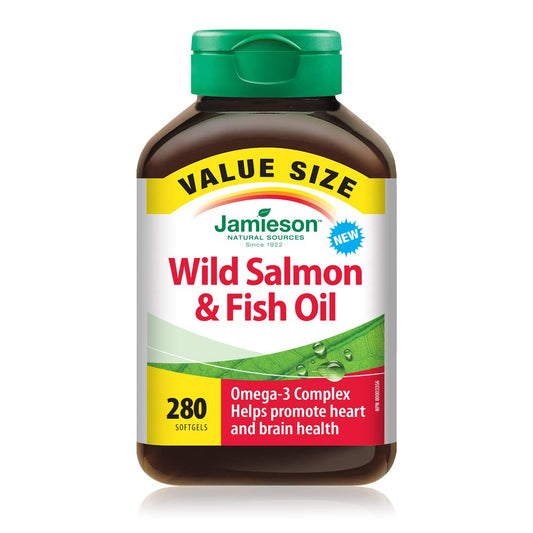 Jamieson Wild Salmon and Fish Oil 1,000 mg Softgels, Value Size, Supports Heart and Brain Health. With Wild Alaskan Salmon, Menhaden, EPA and DHA, Non-GMO, Gluten-Free, 280 Count, Proudly Canadian