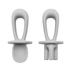 Tiny Twinkle Silicone Training Utensils - Baby Spoons and Baby Forks for Self-Feeding Training - Silicone Baby Led Weaning Utensils for Toddlers and Babies 6-24 Months - Baby Feeding Supplies (Grey)