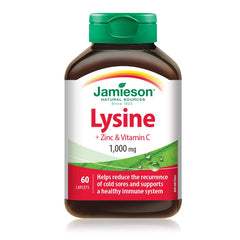 Jamieson Lysine 1,000 mg, with Zinc and Vitamin C, Cold Sore Support, and Helps Immune Health. Essential Amino Acid, Non-GMO, Gluten-Free, 60 Vegetarian Caplets, Proudly Canadian