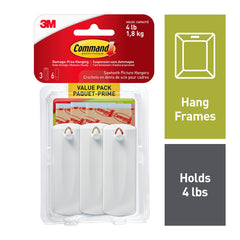 Command Sawtooth Picture Hangers, Damage Free Hanging Frame Hangers, No Tools Wall Hooks for Hanging Sawtooth Frames in Living Spaces, 3 White Picture Frame Hangers and 6 Command Strips