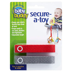 Baby Buddy Secure-a-Toy, Adjustable Pacifier and Teether Strap for Stroller, Highchair, and Car Seat, Red Gray, 2 pack