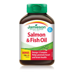 Jamieson Salmon and Fish Oil 1,000 mg Softgels, Bonus Size, Supports Heart and Brain Health. With Wild Salmon, EPA and DHA, Non-GMO, Gluten-Free, 200 Count, Proudly Canadian