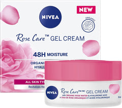 NIVEA Rose Care Gel Cream, 48-Hour Hydrating Face Cream for All Skin Types, Rose Water and Hyaluronic Acid Moisturizer for Face, Dermatologically-Tested Skin Care, 50mL