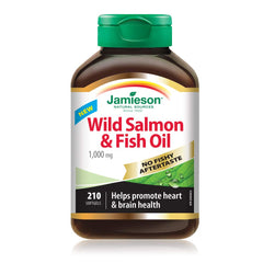 Jamieson Wild Salmon & Fish Oil 1,000 mg, No Fishy Aftertaste, Supports Heart Health and Brain Health. With Wild Alaskan Salmon, EPA, and DHA, Non-GMO, Gluten-Free, Proudly Canadian, 210 Softgels