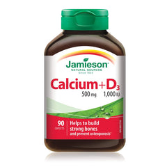 Jamieson Calcium 500 mg with Vitamin D3 1,000 IU, High Absorption, Supports Bone Health, Helps Prevent Osteoporosis and Bone Loss. Easy to Swallow, Vegetarian, Non-GMO, Gluten-Free, 90 Caplets, Proudly Canadian
