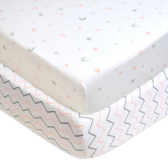 American Baby Company 2 Pack Printed 100% Cotton Jersey Knit Fitted Crib Sheet for Standard Crib and Toddler Mattresses, Pink Stars/Zigzag, for Girls