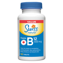 Swiss Natural Vitamin B12 (Cobalamin) 1000mcg | 180 Tablets | Helps metabolize carbohydrates, fats and proteins