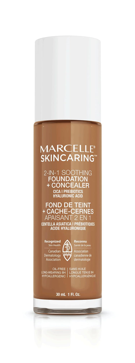 Marcelle Skincaring 2-in-1 Soothing Foundation + Concealer, Golden Tan, with Hyaluronic Acid, Medium Coverage, Matte Finish, Oil-Free, Cruelty-Free, Fragrance-Free, Hypoallergenic, 30 mL