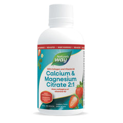 Nature's Way Calcium and Magnesium Citrate Supplement, 2:1 Ratio – Helps Support Bone & Teeth Health – Contains Vitamins D3 and K2, and Collagen to Support Immune System – Strawberry Flavour, 500 ml