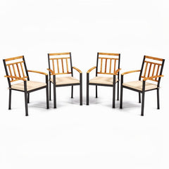 5 Piece Patio Dining Set, 63 by 37.5 Inch Acacia Topped Table with 2 Inch Umbrella Hole and 4 Cushioned Armchairs