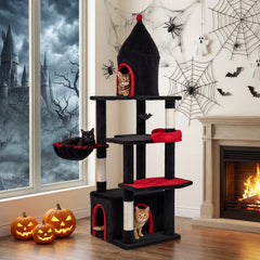 63 Inch Gothic Cat Tree with a Turret Top Cave, Two Door Condo and Basket