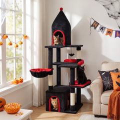 63 Inch Gothic Cat Tree with a Turret Top Cave, Two Door Condo and Basket