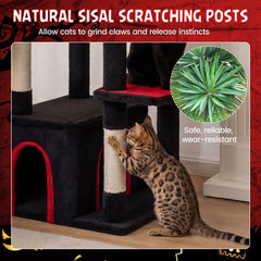 63 Inch Gothic Cat Tree with a Turret Top Cave, Two Door Condo and Basket