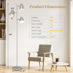 64 Inch 3-Light LED Floor Lamp Reading Light for Living Room Bedroom-Silver