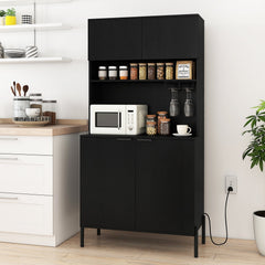 64.5 Inches Tall Kitchen Pantry Cabinet with Charging Station and Wine Glass Rack-Black