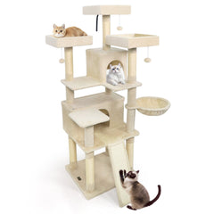 65 Inch Cat Tree with Three Upholstered Perches, Two Condos and a Ladder