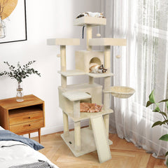65 Inch Cat Tree with Three Upholstered Perches, Two Condos and a Ladder