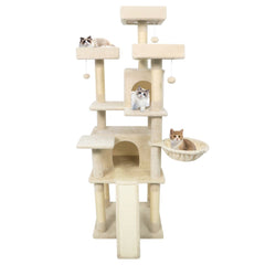 65 Inch Cat Tree with Three Upholstered Perches, Two Condos and a Ladder