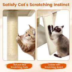 65 Inch Cat Tree with Three Upholstered Perches, Two Condos and a Ladder
