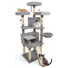 65 Inch Light Grey Cat Tree with Three Perches, Two Condos and a Sisal Ramp