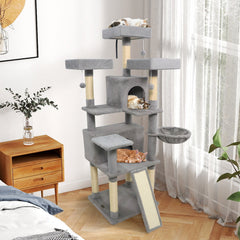 65 Inch Light Grey Cat Tree with Three Perches, Two Condos and a Sisal Ramp