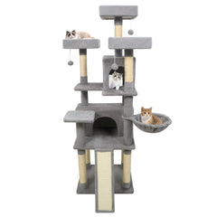 65 Inch Light Grey Cat Tree with Three Perches, Two Condos and a Sisal Ramp