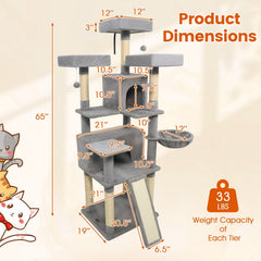 65 Inch Light Grey Cat Tree with Three Perches, Two Condos and a Sisal Ramp
