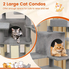 65 Inch Light Grey Cat Tree with Three Perches, Two Condos and a Sisal Ramp