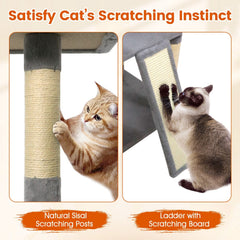 65 Inch Light Grey Cat Tree with Three Perches, Two Condos and a Sisal Ramp