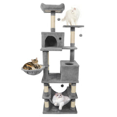 66 Inch Light Grey Cat Tree with Two Condos, a Hammock and a Skylight