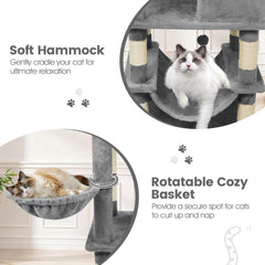 66 Inch Light Grey Cat Tree with Two Condos, a Hammock and a Skylight