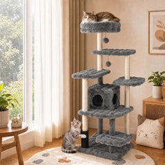 67 Inch Grey Cat Tree with a Two Door Condo, Built in Brush and Sisal Posts