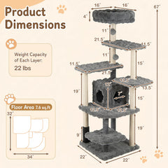 67 Inch Grey Cat Tree with a Two Door Condo, Built in Brush and Sisal Posts