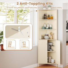 68 Inch Tall Corner Cabinet with 5 Shelves and 2 Fluted Doors for Bathroom-Beige