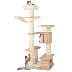 69 Inch Rubber Wood Cat Tree with a Space Capsule, U Hammock and Two Condos