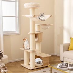 69 Inch Rubber Wood Cat Tree with a Space Capsule, U Hammock and Two Condos
