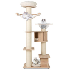 69 Inch Rubber Wood Cat Tree with a Space Capsule, U Hammock and Two Condos